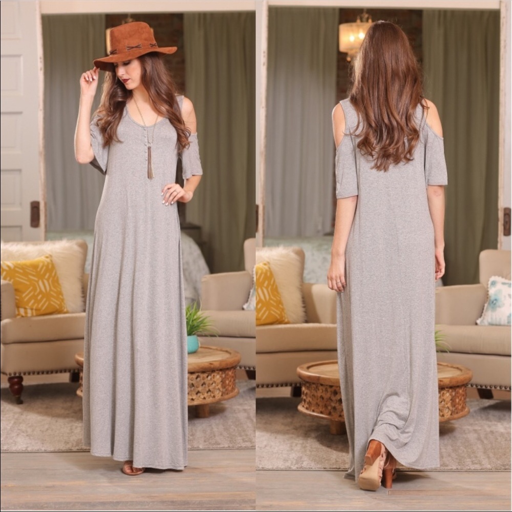 Heather Gray Cold Shoulder Maxi Dress w/buttons - Picture 2 of 3